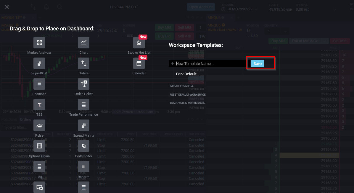 Tradovate-Workspace-Menü, in dem ein benanntes Layout gespeichert wird, damit die Multi-Monitor-Anordnung erhalten bleibt