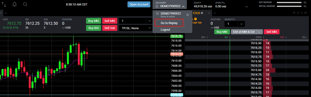 Tradovate Market Replay setup with start date, account selector, and the option to play your own trades
