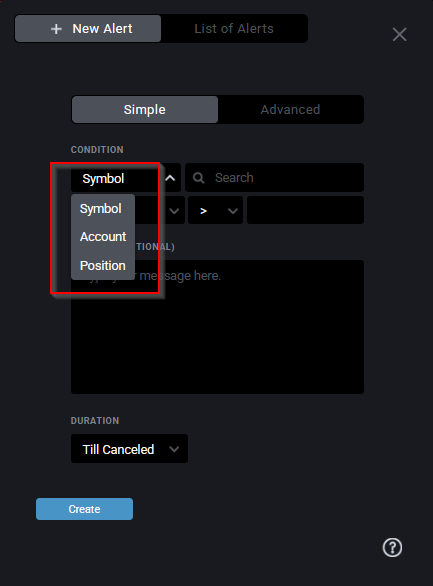 Tradovate New Alert menu showing instrument, position, and account trigger options