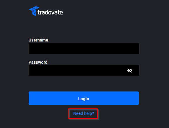 Pantalla de inicio de sesión de Tradovate con el enlace Need Help resaltado debajo de los campos de usuario y contraseña