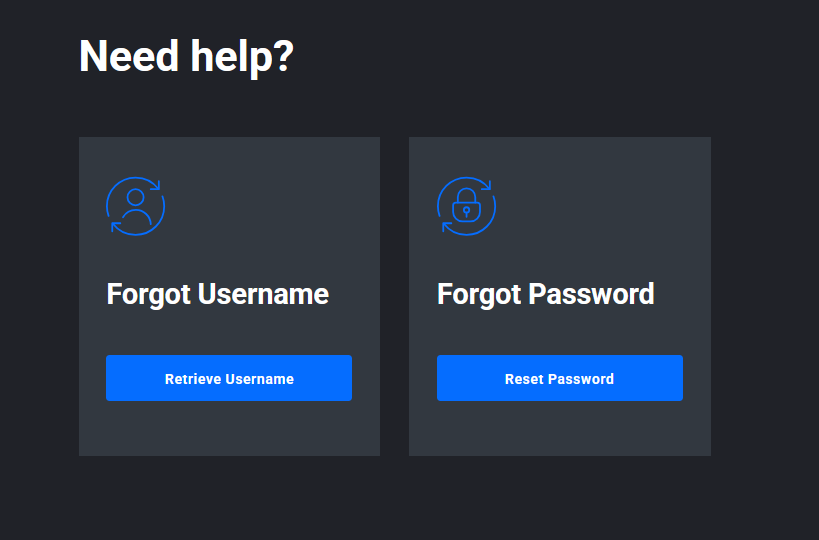 Panel Need Help de Tradovate con las opciones Retrieve Username y Reset Password