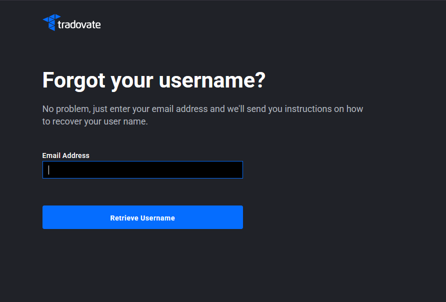 Formulario Retrieve Username de Tradovate con un campo para el correo electrónico de la cuenta