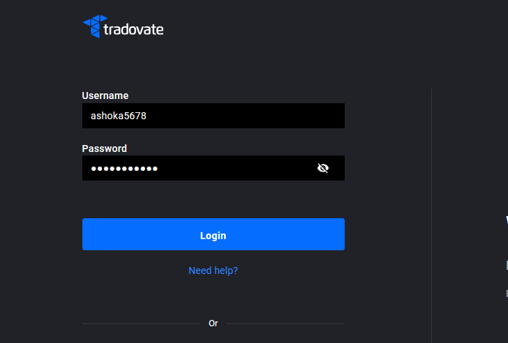 Pantalla de inicio de sesión de Tradovate con el nombre de usuario recuperado introducido y lista para iniciar sesión