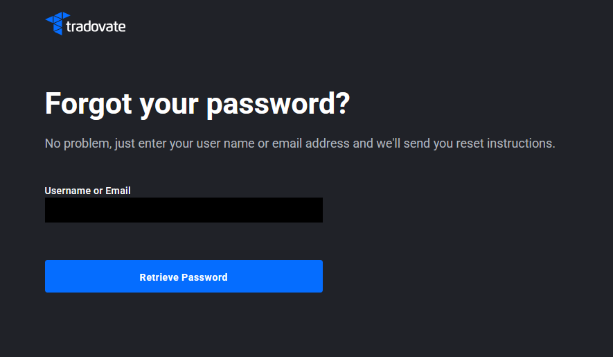 Tradovate password reset form with a field for username or email address