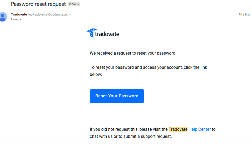 Tradovate password reset email and the form for entering a new password
