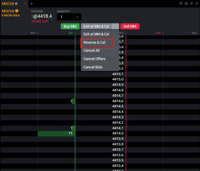 Dropdown on the Tradovate DOM action button set to Reverse and Cancel