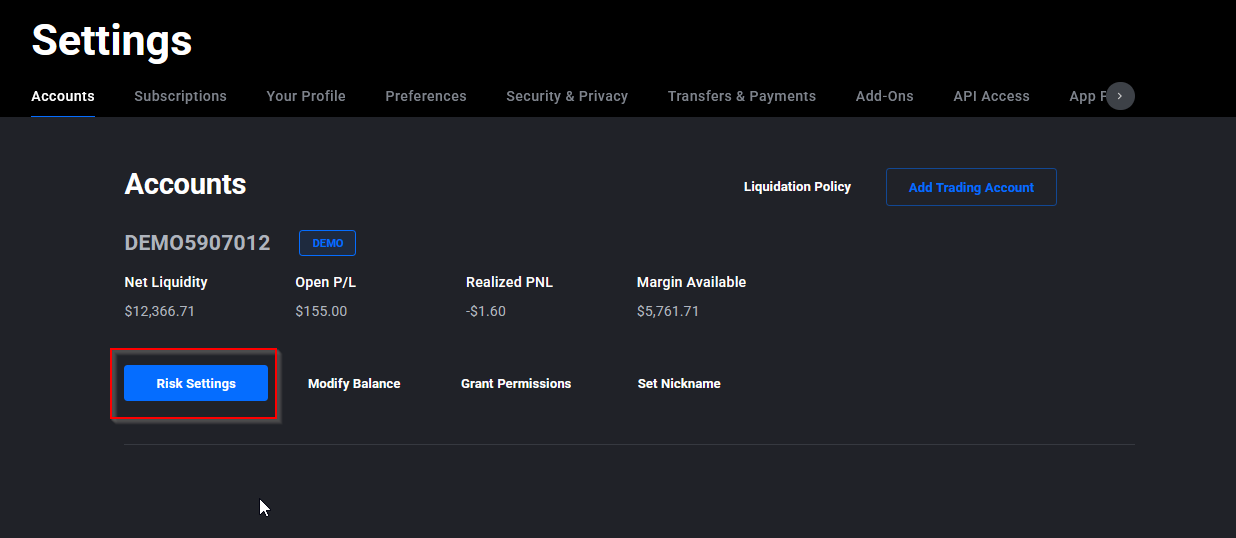 Tradovate Application Settings mit dem Reiter Accounts und der Schaltfläche Risk Settings