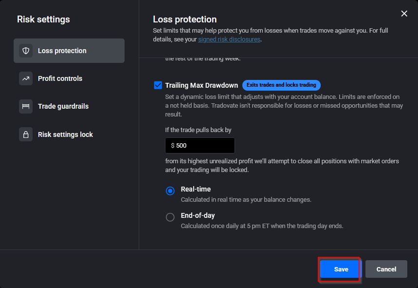 Tradovate Risk Settings mit eingetragenen Limitwerten und der Schaltfläche Save