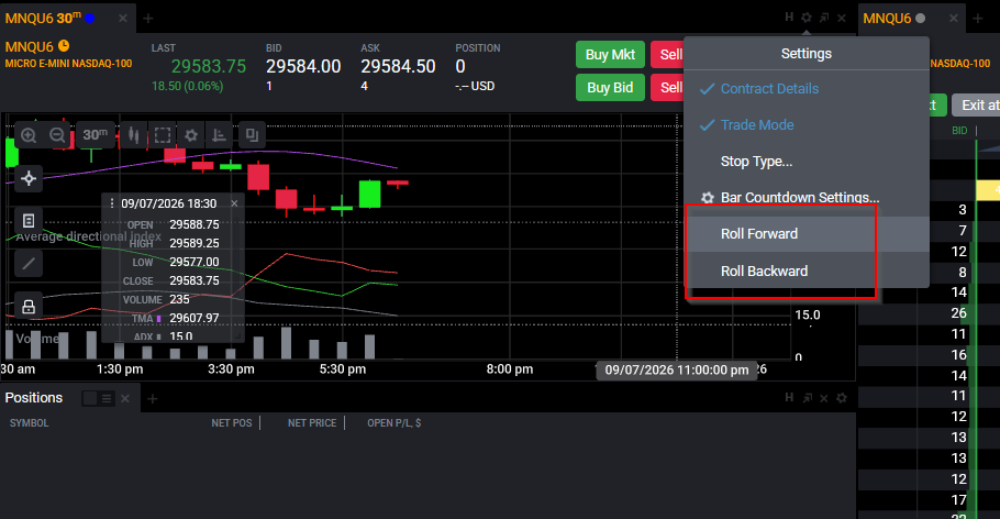 Tradovate right-click menu on a quote with Roll Forward and Roll Backward options highlighted