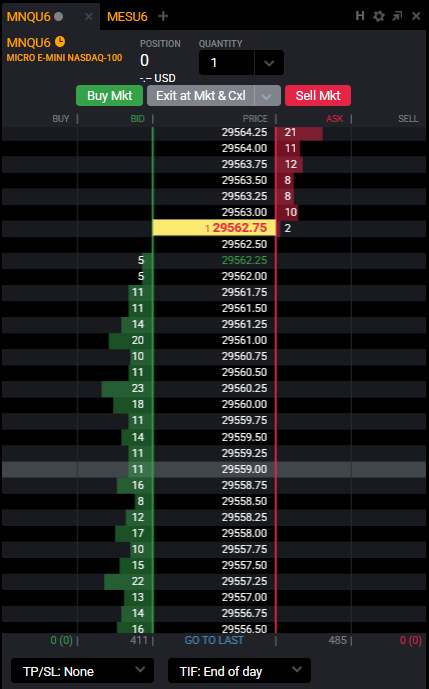 Ladder del DOM di Tradovate ridotta con Shift+scroll per mostrare più livelli di prezzo