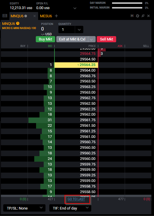 Link GO TO LAST del SuperDOM di Tradovate per ricentrare la ladder sull’ultimo prezzo negoziato