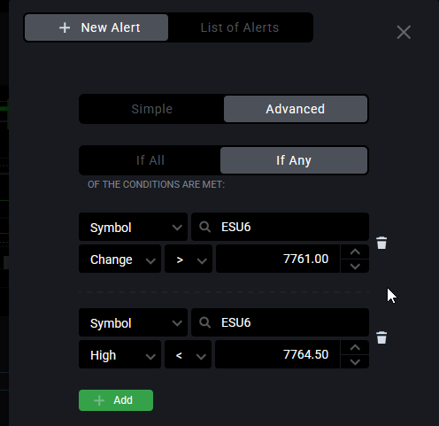 Tradovate Advanced alert with two stacked conditions, the green plus Add button, a trash-can remove icon, and the all-versus-any logic toggle