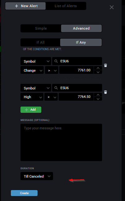 Tradovate alert setup showing the Duration dropdown, notification type options, and the Create button