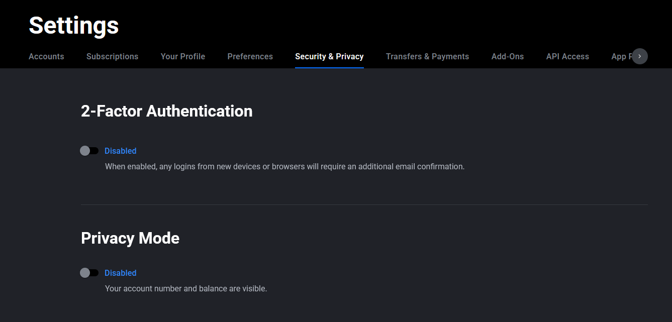 Menu Application Settings de Tradovate avec la page Security sélectionnée