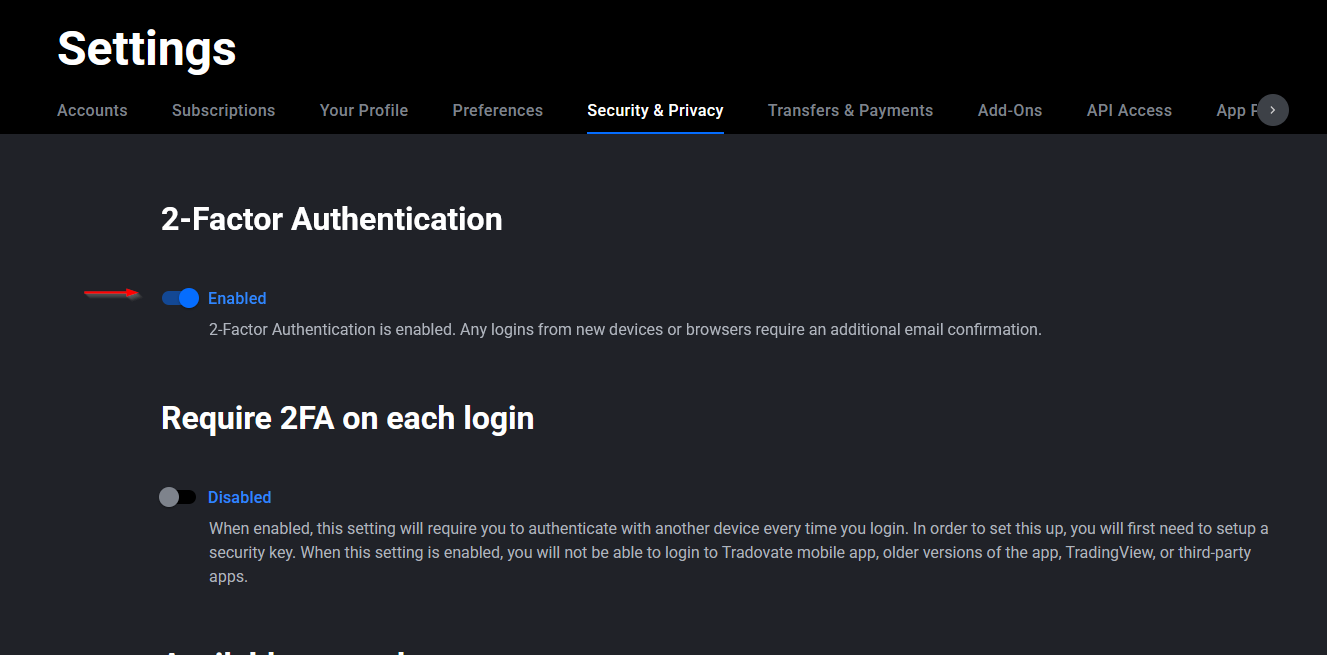 L’interrupteur 2-Factor Authentication activé en haut de la page Security de Tradovate