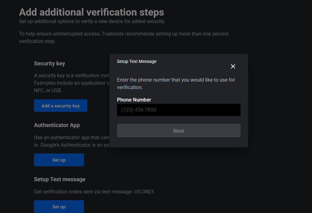 Saisie d’un numéro de téléphone mobile dans l’option de code SMS de la page Security de Tradovate