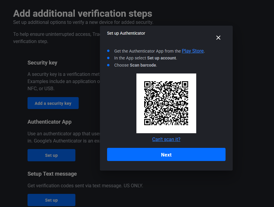 Sélection d’une méthode d’authentification de secours, comme une application d’authentification ou une clé de sécurité, dans Tradovate