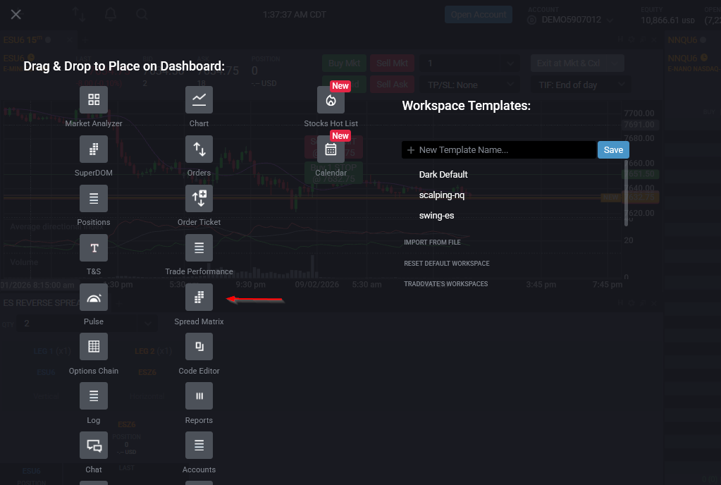 Sélecteur de modules de Tradovate avec le module Spread Matrix mis en évidence avant son ajout à l’espace de travail