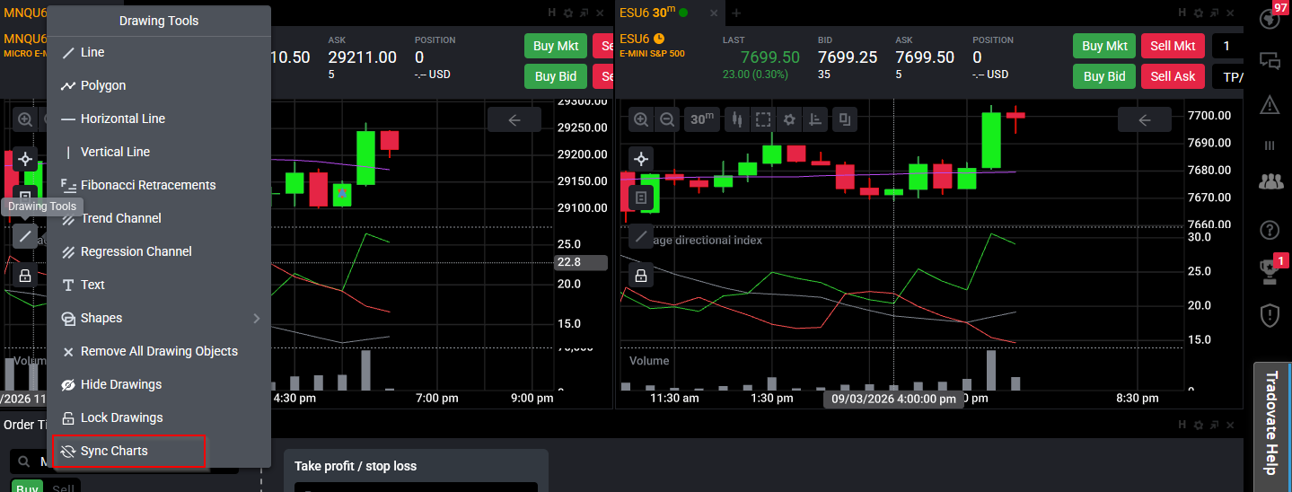 Sync Charts option enabled in the Tradovate chart Drawing Tools menu