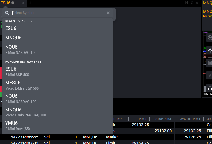 Tradovate T&S module tab with the instrument search dropdown open to select a futures contract