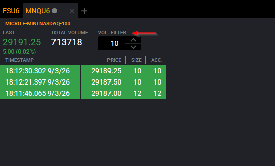 Tradovate T&S Volume Filter set to a minimum contract size to hide small trades