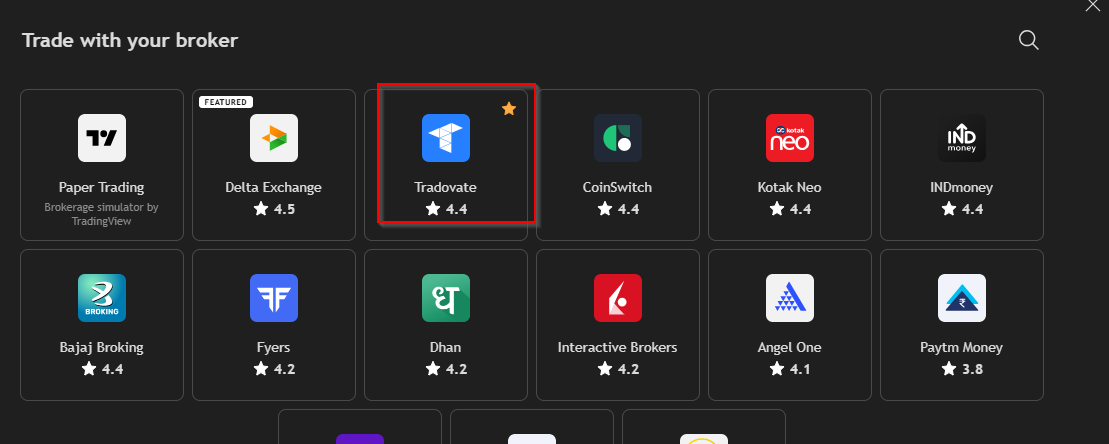 Panneau de trading TradingView avec Tradovate sélectionné dans la liste des courtiers