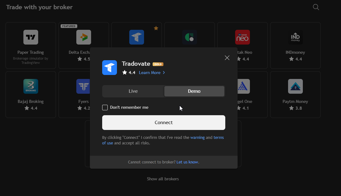 Fenêtre de connexion TradingView à Tradovate affichant les options Live et Demo avec le bouton Connect