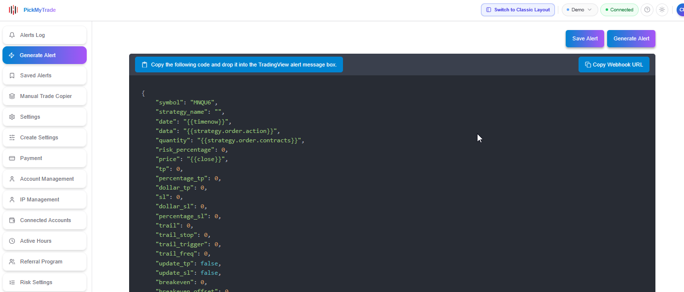 Bridge service showing the generated JSON alert payload and TradingView webhook URL