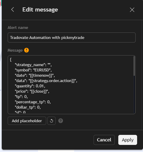 TradingView Create Alert dialog with the webhook JSON pasted in the Message box