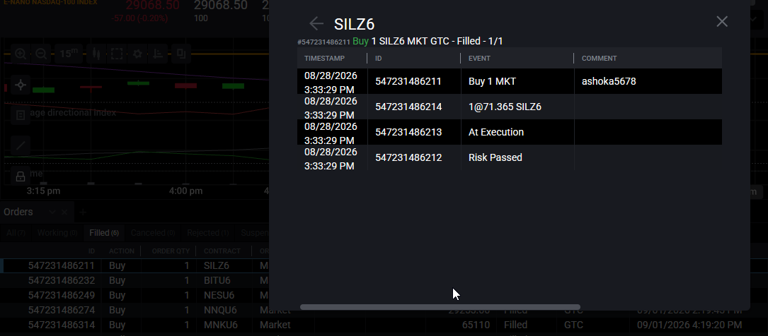 Tradovate Orders module showing a filled order placed from a TradingView webhook