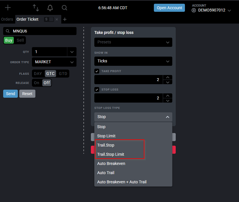Sélecteur de type d’ordre du ticket Tradovate affichant les options Trailing Stop et Trailing Stop Limit