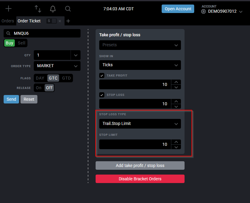 Ticket d’ordre trailing stop de Tradovate avec la distance de trail saisie en ticks