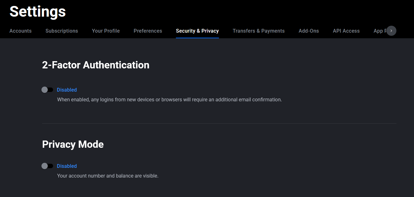 Menú Application Settings de Tradovate con la pestaña Security resaltada