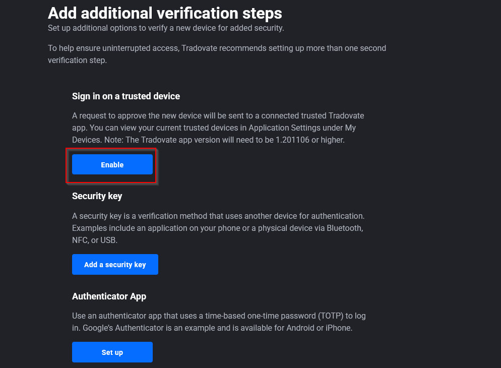 Interruptor Sign In On A Trusted Device de Tradovate debajo del control de 2FA