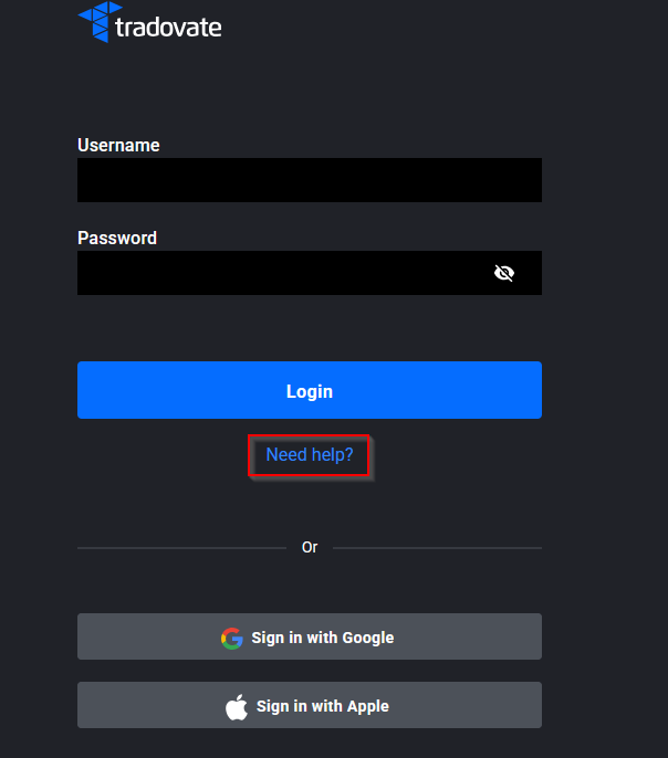 Pantalla de inicio de sesión de Tradovate con el enlace Need help debajo de los campos de acceso