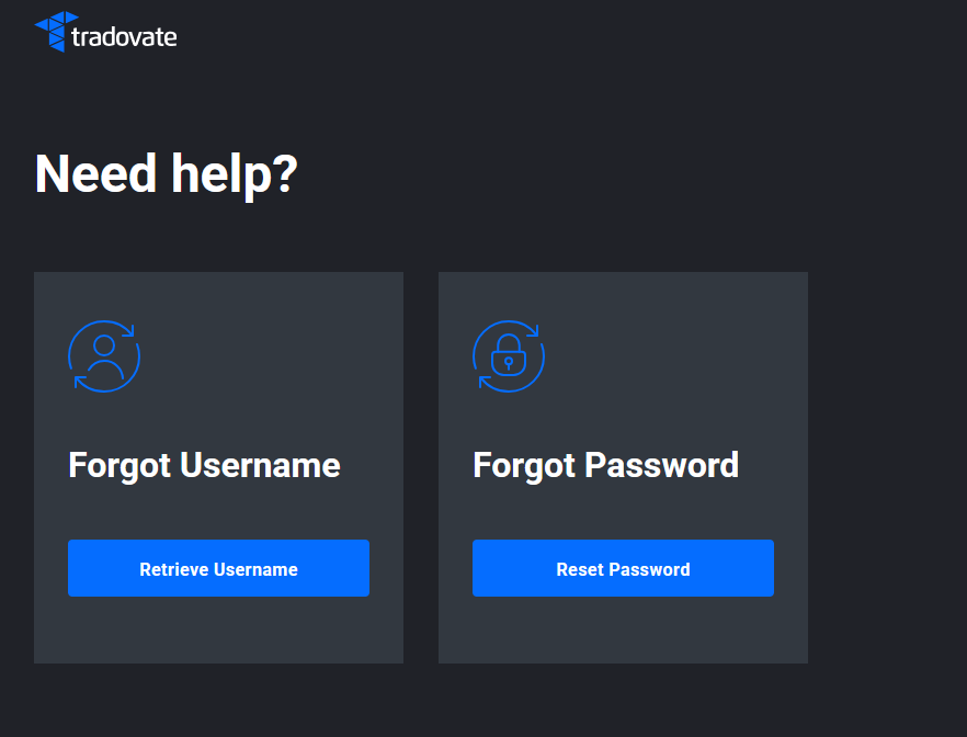 Página de recuperación de cuenta de Tradovate con las opciones Retrieve Username y Reset Password