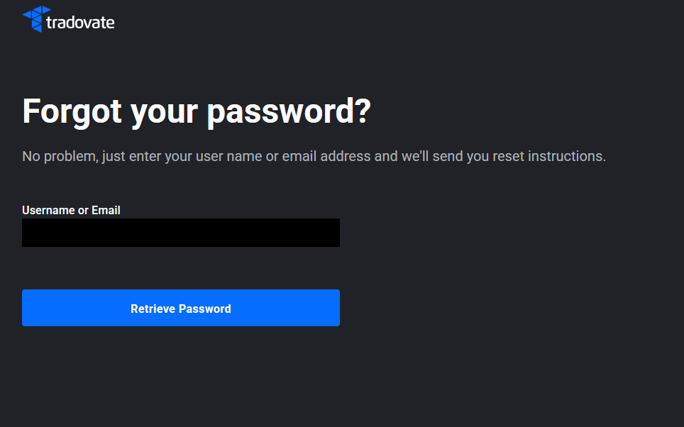 Formulario Forgot Password de Tradovate con un campo para el nombre de usuario o la dirección de correo
