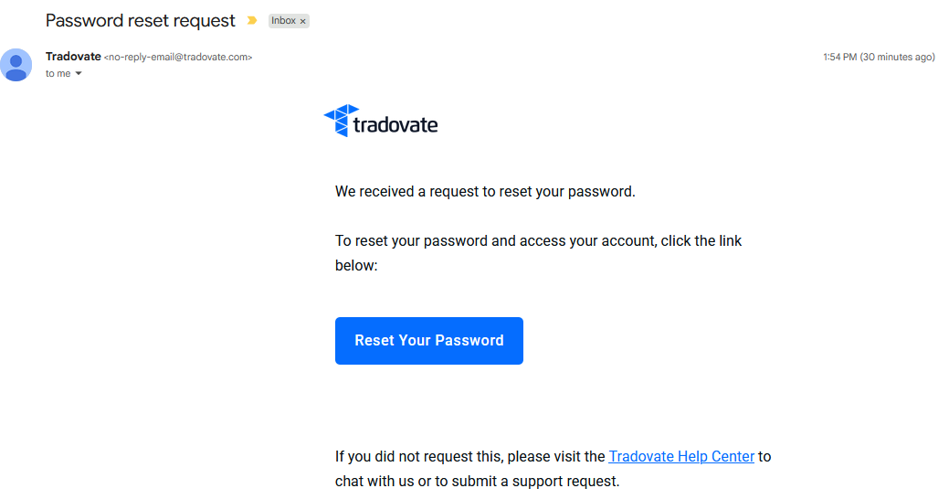 Correo de verificación de Tradovate abierto en una bandeja de entrada con el enlace de confirmación