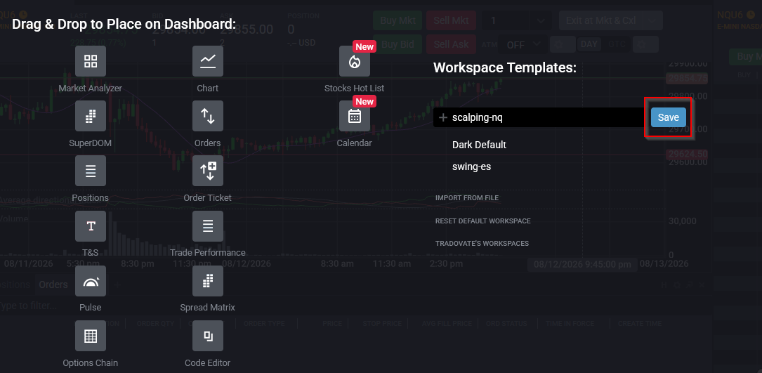 Menu degli spazi di lavoro di Tradovate con l'opzione Save evidenziata dopo una modifica del layout