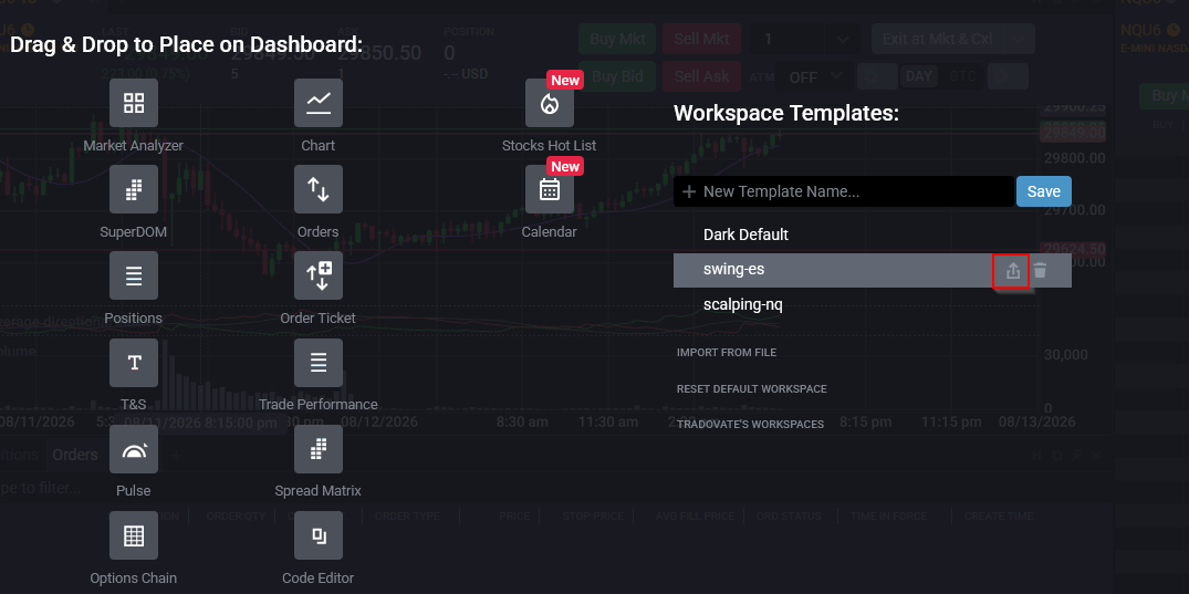 Menu degli spazi di lavoro di Tradovate con l'icona di esportazione a freccia verso l'alto che scarica il layout come file JSON